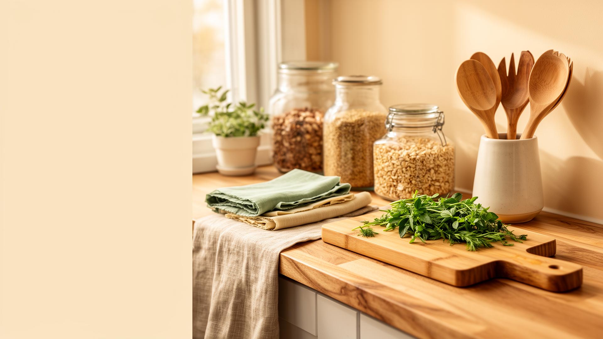 Beautiful sustainable kitchen essentials on an oak wood counter with linen accents